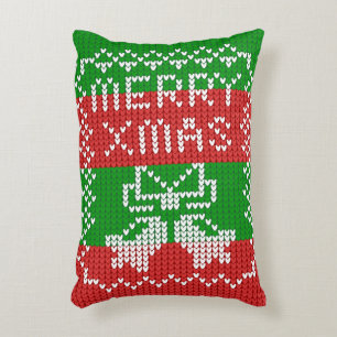 Ugly sweater pattern jingle bells Merry Xmas yarn Accent Pillow