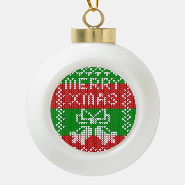 Ugly sweater pattern jingle bells Merry Xmas yarn Ceramic Ball Christmas Ornament (Front)