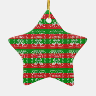 Ugly sweater pattern jingle bells Merry Xmas yarn Ceramic Ornament