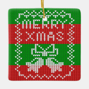 Ugly sweater pattern jingle bells Merry Xmas yarn Ceramic Ornament