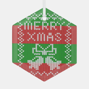 Ugly sweater pattern jingle bells Merry Xmas yarn Glass Ornament
