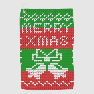 Ugly sweater pattern jingle bells Merry Xmas yarn Golf Towel