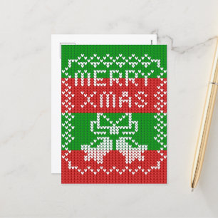 Ugly sweater pattern jingle bells Merry Xmas yarn Holiday Postcard