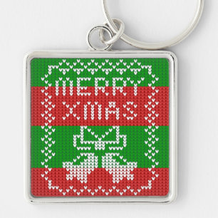Ugly sweater pattern jingle bells Merry Xmas yarn Keychain
