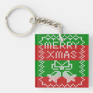 Ugly sweater pattern jingle bells Merry Xmas yarn Keychain