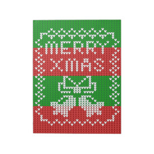 Ugly sweater pattern jingle bells Merry Xmas yarn Notepad