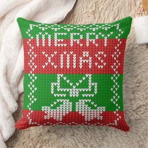 Ugly sweater pattern jingle bells Merry Xmas yarn Throw Pillow