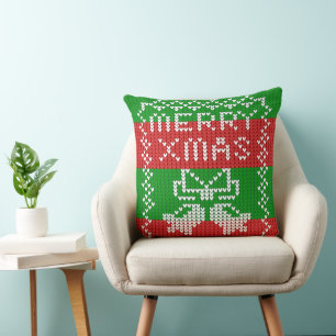 Ugly sweater pattern jingle bells Merry Xmas yarn Throw Pillow