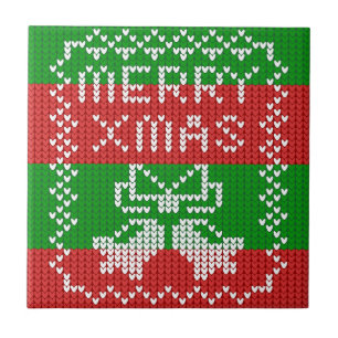 Ugly sweater pattern jingle bells Merry Xmas yarn Tile