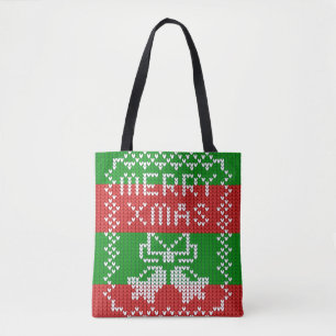 Ugly sweater pattern jingle bells Merry Xmas yarn Tote Bag