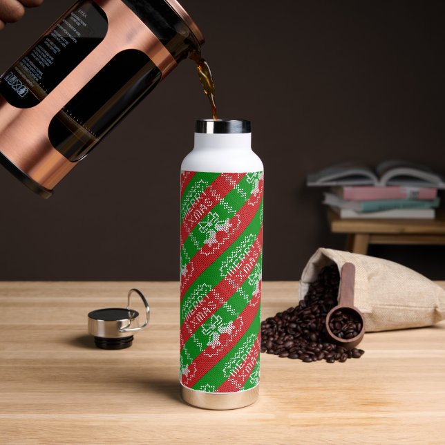 Ugly sweater pattern jingle bells Merry Xmas yarn Water Bottle (Coffee)