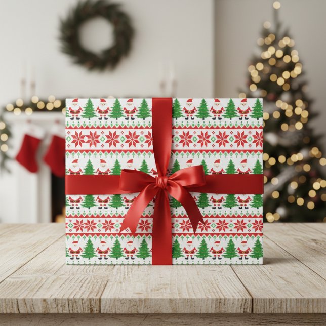 Ugly Sweater Pixelated Santa Festive Stripes  Wrapping Paper (Ugly Sweater Pixelated Santa Festive Stripes Wrapping Paper)