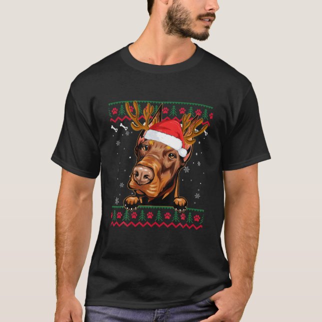 Ugly Sweater Reindeer Santa Christmas Doberman Dog (Front)