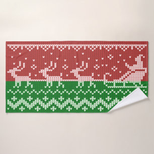 Ugly sweater Santa Claus sleigh and reindeers Bath Towel