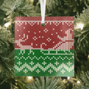 Ugly sweater Santa Claus sleigh and reindeers Glass Ornament