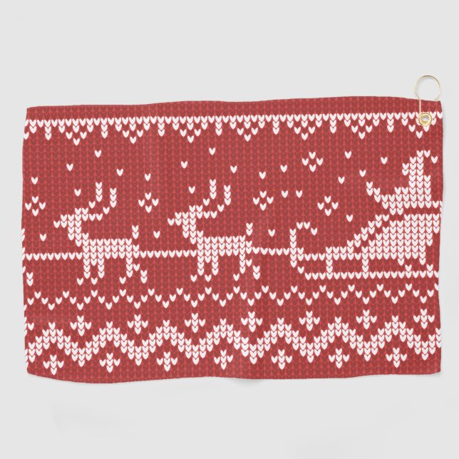 Ugly sweater Santa Claus sleigh and reindeers Golf Towel (Horizontal)