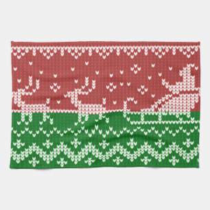 Ugly sweater Santa Claus sleigh and reindeers Kitchen Towel