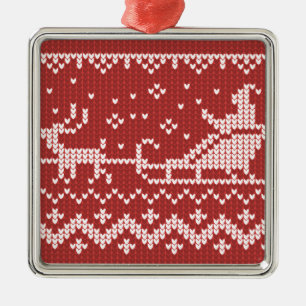 Ugly sweater Santa Claus sleigh and reindeers Metal Ornament