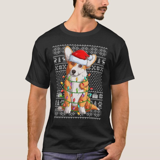 Ugly Sweater Style Xmas Lights Santa Corgi Dog Chr (Front)