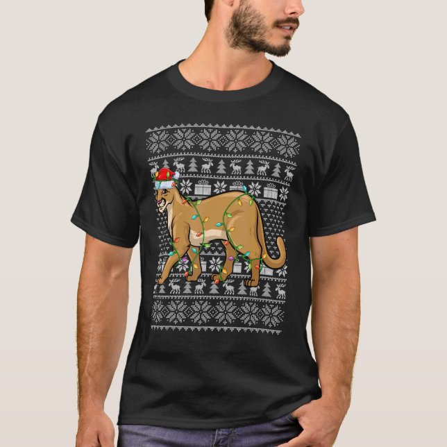 Ugly Sweater Style Xmas Lights Santa Cougar Christ (Front)