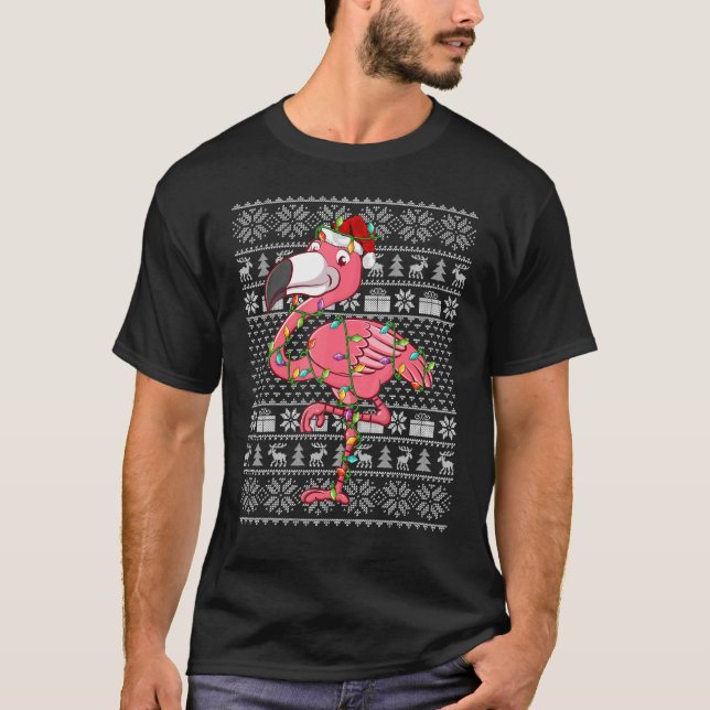 Ugly Sweater Style Xmas Lights Santa Flamingo Bird (Front)