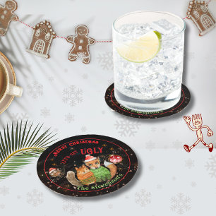 Ugly Sweater WOODLAND ANIMALS Holiday Round Paper Coaster