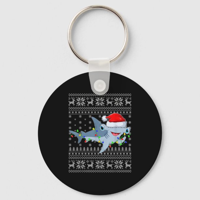 Ugly Sweater Xmas Lights Santa Hammerhead Shark Ch Keychain (Front)