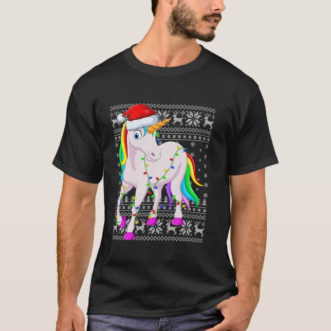 Ugly Sweater Xmas Lights Santa Hat Unicorn Christm (Front)