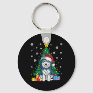 Ugly Sweater Xmas Tree Lights Alaskan Malamute Dog Keychain