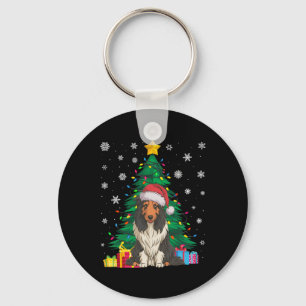 Ugly Sweater Xmas Tree Lights Bearded Collie Dog S Keychain