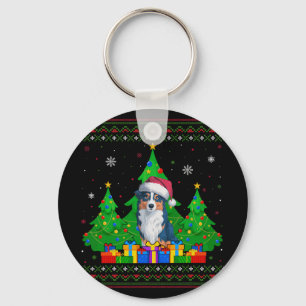 Ugly Sweater Xmas Tree Santa Hat Australian Shephe Keychain
