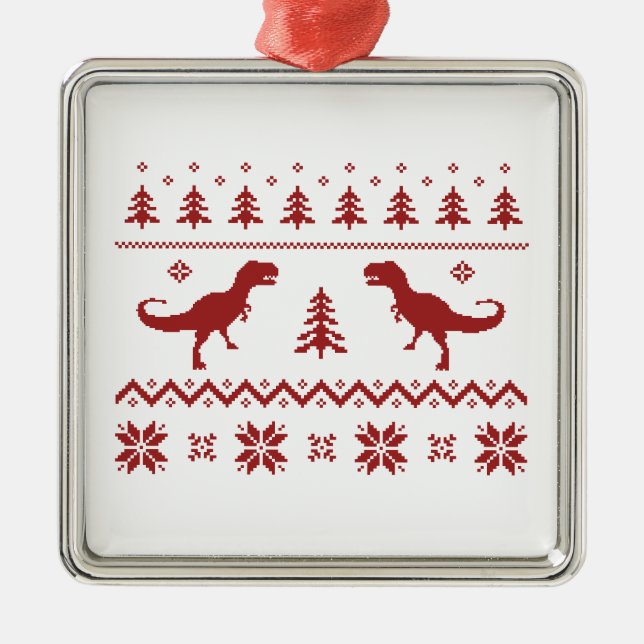 Ugly T-Rex Dinosaur Christmas Sweater Metal Ornament (Front)