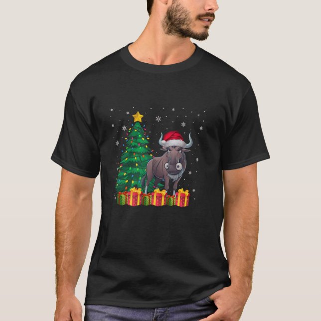 Ugly Wildebeest Santa Hat Christmas Tree Lights Pa T-Shirt (Front)