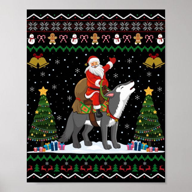 Ugly Wolf Xmas Gift Santa Riding Wolf Christmas T  Poster (Front)