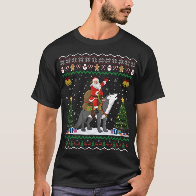 Ugly Wolf Xmas Gift Santa Riding Wolf Christmas  T-Shirt (Front)