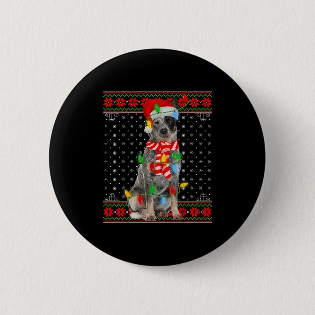 Ugly Xmas Dog Lights Santa Hat Blue Heeler Dog Chr 2 Inch Round Button (Front)