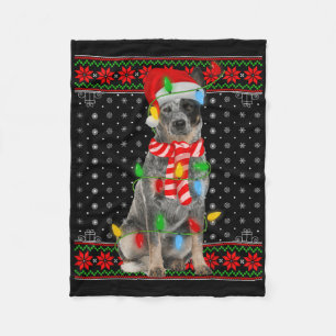 Ugly Xmas Dog Lights Santa Hat Blue Heeler Dog Chr Fleece Blanket
