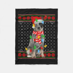 Ugly Xmas Dog Lights Santa Hat Blue Heeler Dog Chr Fleece Blanket