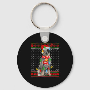 Ugly Xmas Dog Lights Santa Hat Blue Heeler Dog Chr Keychain