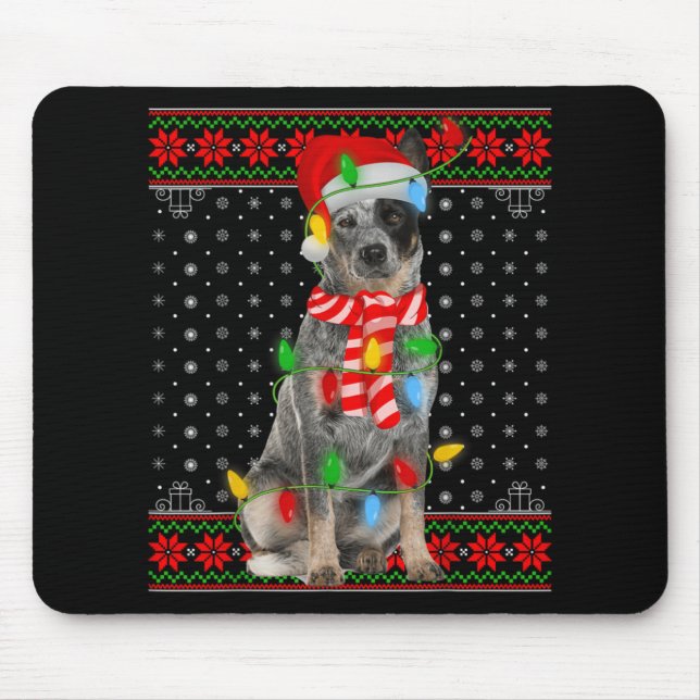 Ugly Xmas Dog Lights Santa Hat Blue Heeler Dog Chr Mouse Pad (Front)