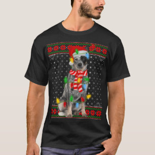 Ugly Xmas Dog Lights Santa Hat Blue Heeler Dog T-Shirt