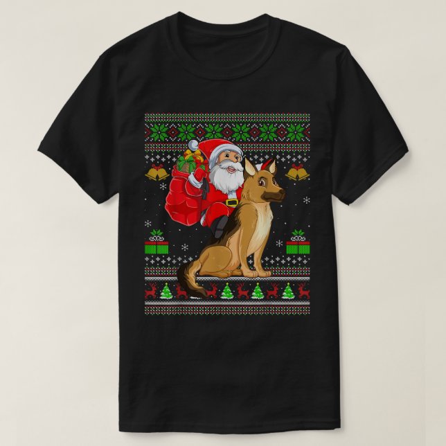 Ugly Xmas Funny Santa Claus Riding German Shepherd T-Shirt (Design Front)