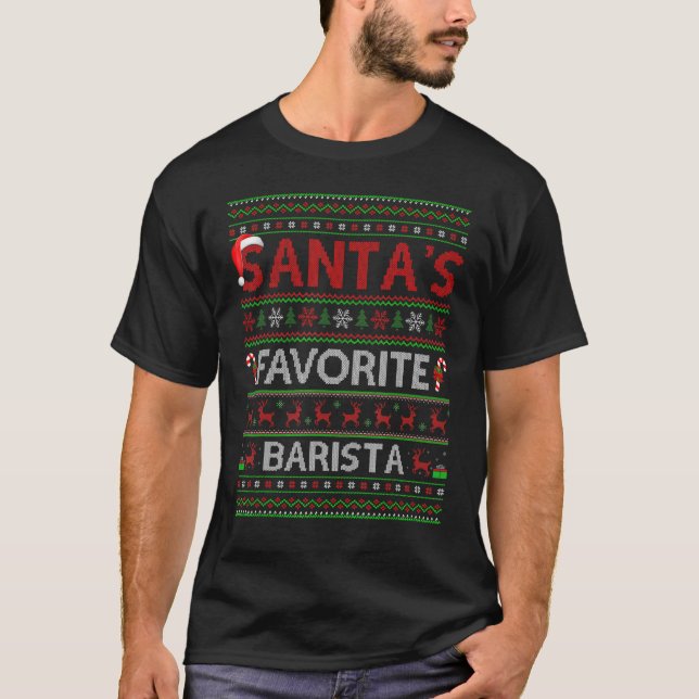 Ugly Xmas Lighting Santa's Favorite Barista Christ T-Shirt (Front)