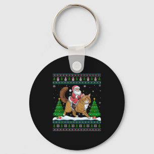 Ugly Xmas Lighting Tree Santa Riding Maine Coon Ch Keychain