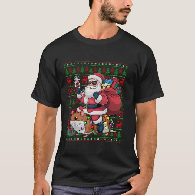 Ugly Xmas Lights Funny Santa Riding Hamster Christ T-Shirt (Front)
