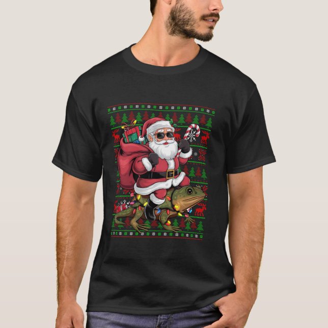 Ugly Xmas Lights Funny Santa Riding Newt Christmas T-Shirt (Front)