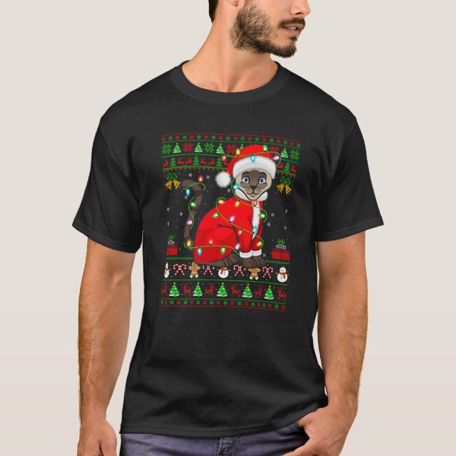 Ugly Xmas Lights Santa Costume Siamese Cat Christm T-Shirt (Front)