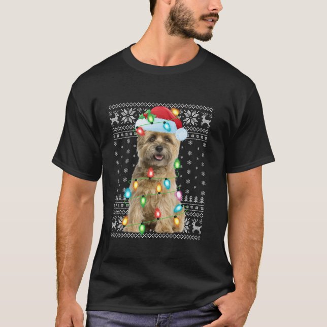 Ugly Xmas Lights Santa Hat Cairn Terrier Dog Chris T-Shirt (Front)