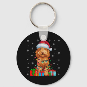 Ugly Xmas Lights Santa Hat Goldendoodle Dog Christ Keychain