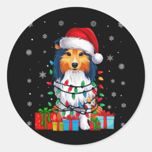 Ugly Xmas Lights Santa Hat Shetland Sheepdog Dog C Classic Round Sticker